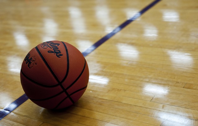 A basketball on the court before the game between Pioneer and Saline High Schools on Friday, Feb. 1. Daniel Brenner I AnnArbor.com